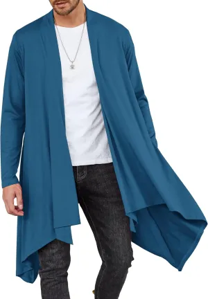 COOFANDY Men's Long Cardigan Ruffle Shawl Collar Lightweight Open Front Drape Cape Overcoat with Pockets