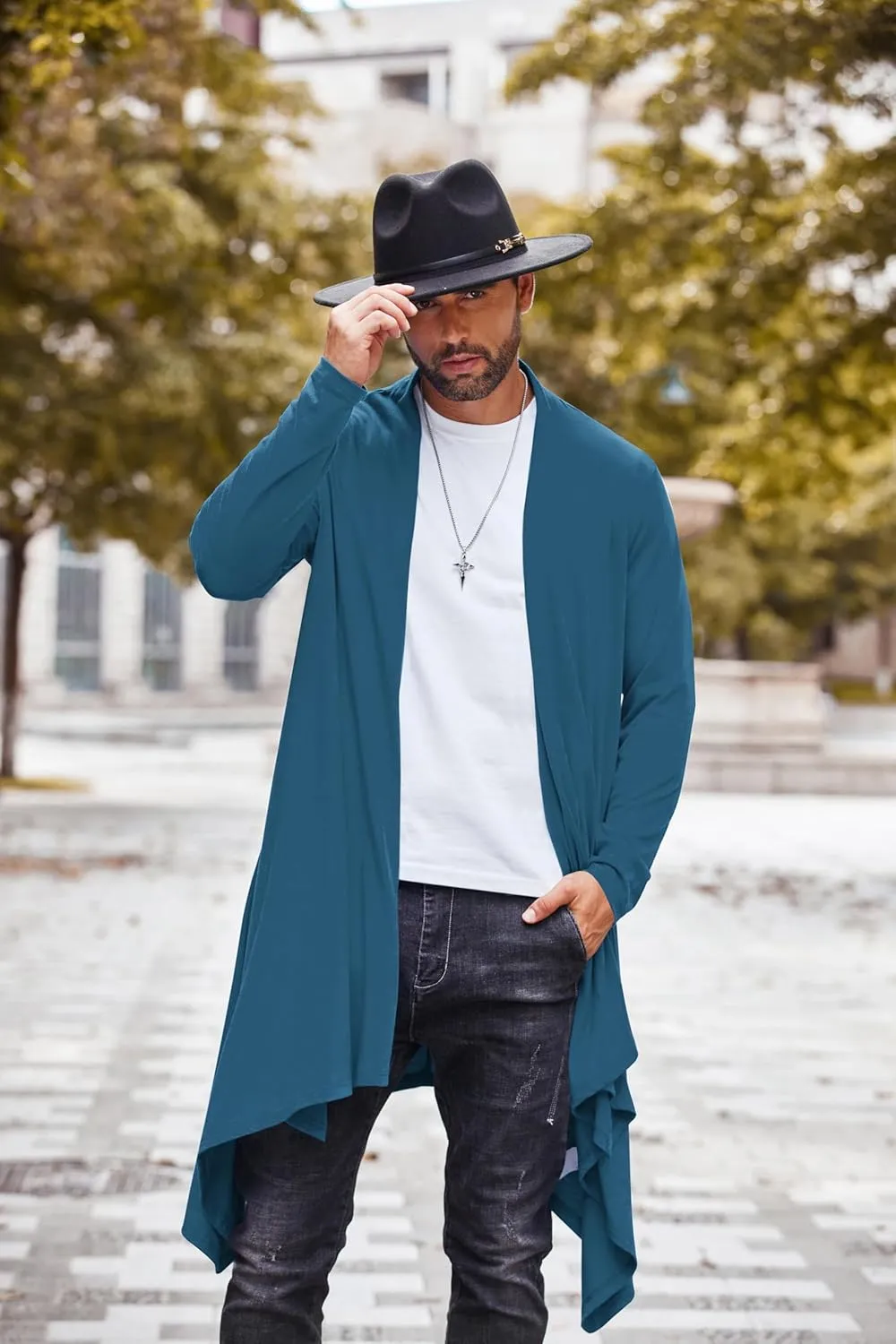 COOFANDY Men's Long Cardigan Ruffle Shawl Collar Lightweight Open Front Drape Cape Overcoat with Pockets