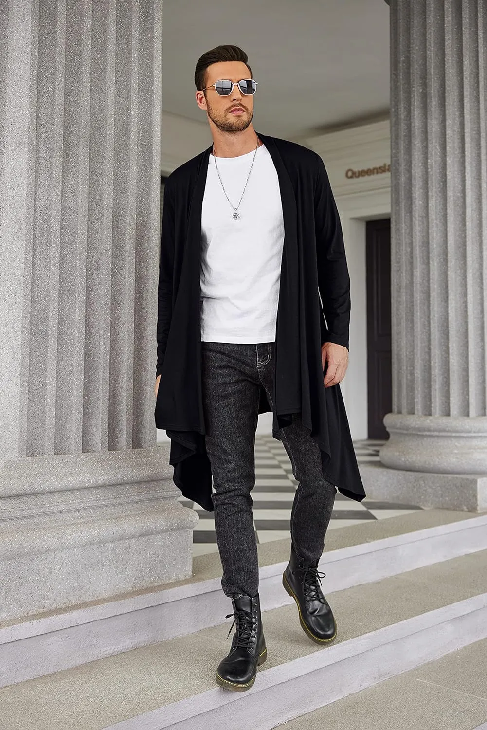COOFANDY Men's Long Cardigan Ruffle Shawl Collar Lightweight Open Front Drape Cape Overcoat with Pockets