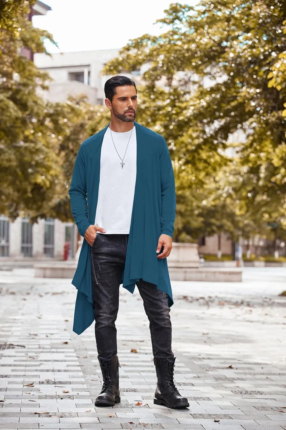 COOFANDY Men's Long Cardigan Ruffle Shawl Collar Lightweight Open Front Drape Cape Overcoat with Pockets