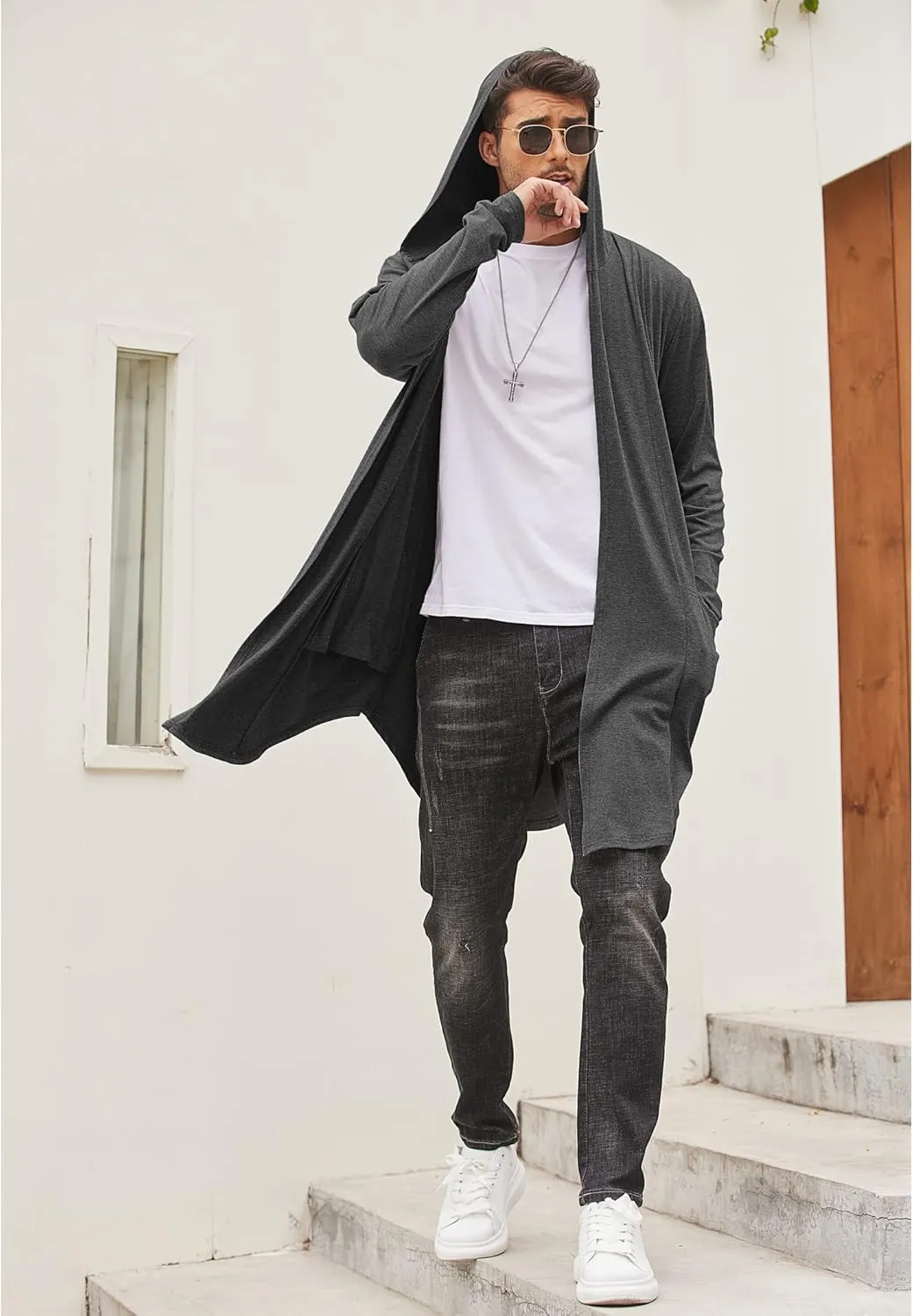COOFANDY Men's Long Hooded Cardigan Shawl Collar Lightweight Open Front Drape Cape Overcoat with Pockets