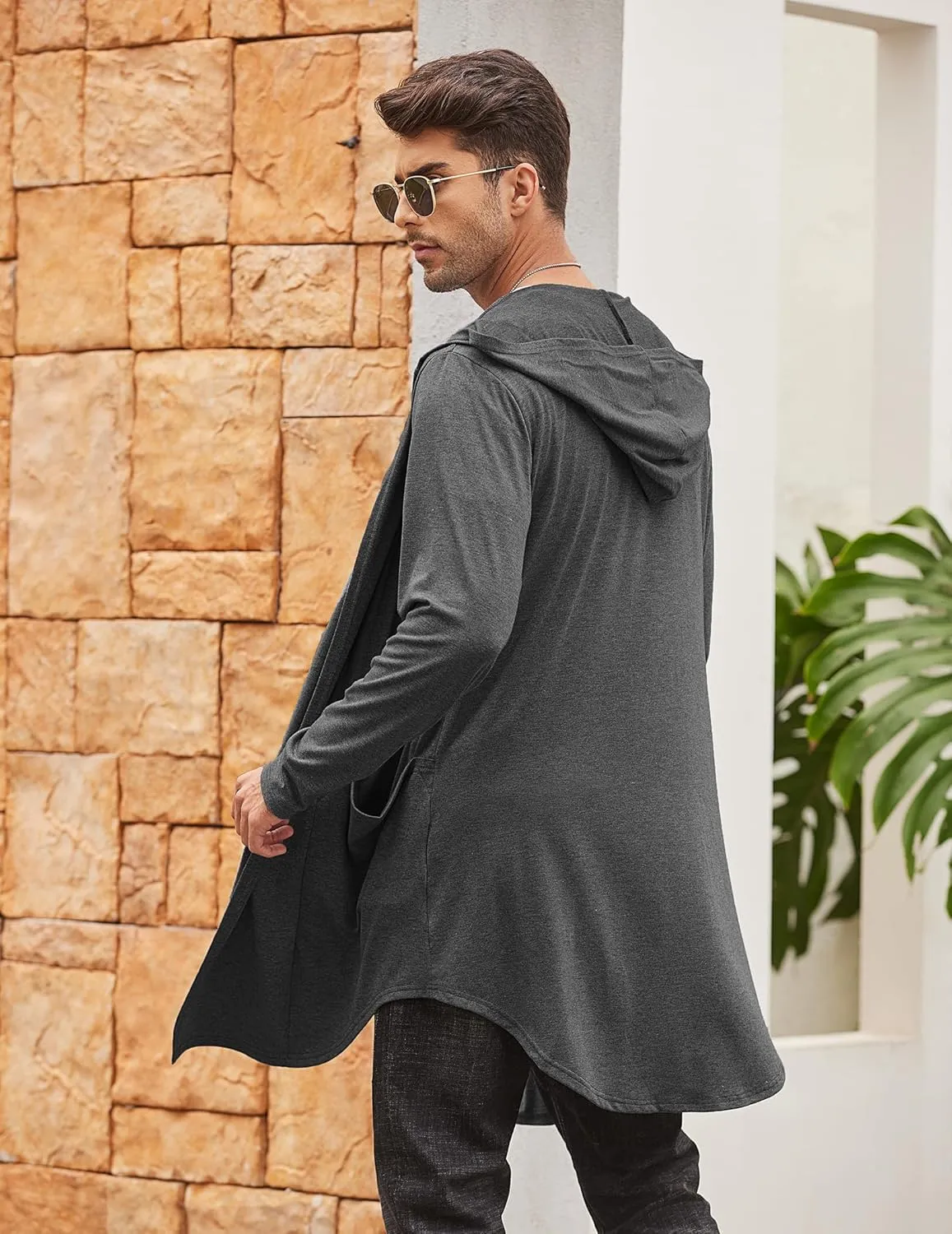 COOFANDY Men's Long Hooded Cardigan Shawl Collar Lightweight Open Front Drape Cape Overcoat with Pockets