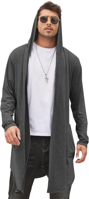 COOFANDY Men's Long Hooded Cardigan Shawl Collar Lightweight Open Front Drape Cape Overcoat with Pockets