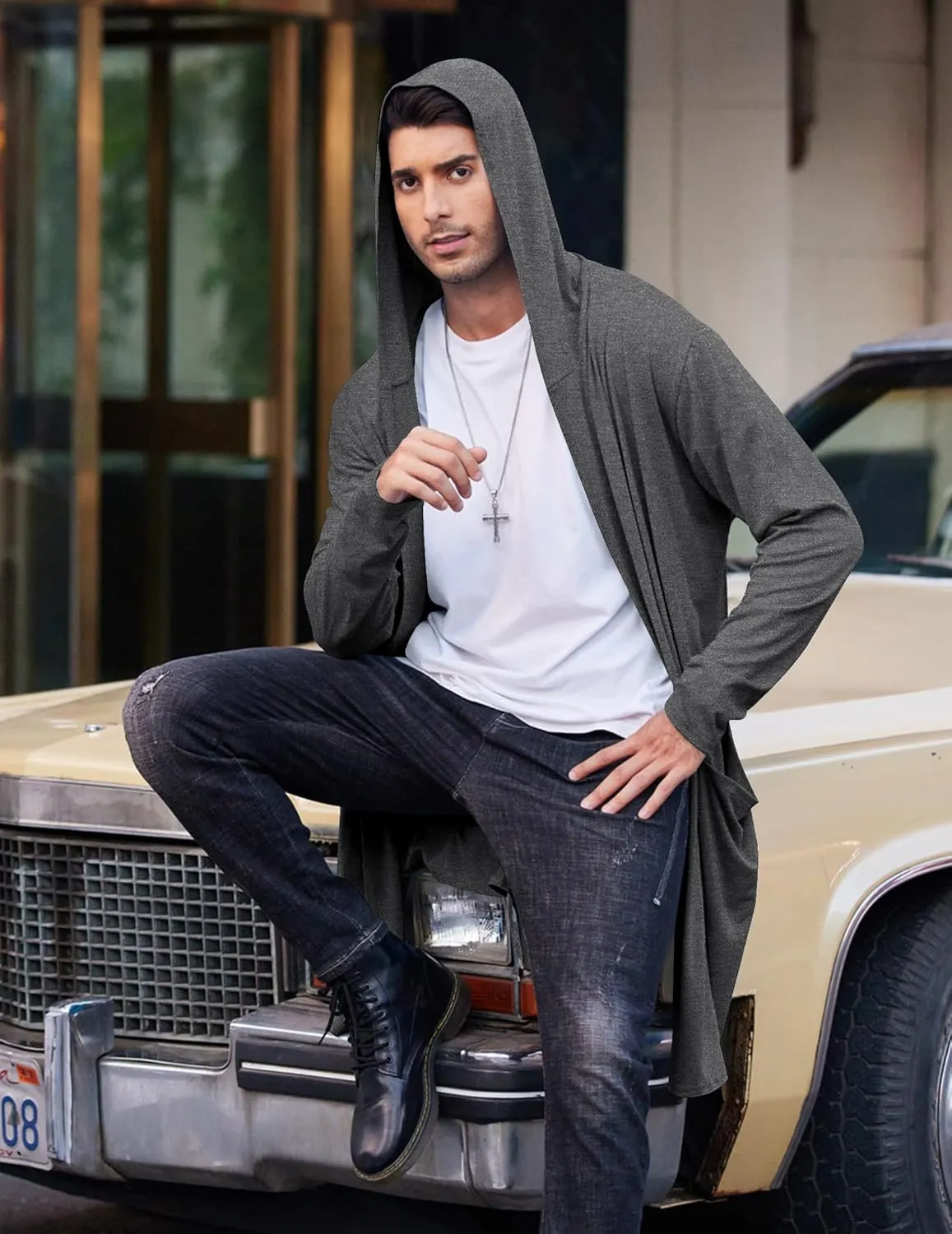 COOFANDY Men's Long Hooded Cardigan Shawl Collar Lightweight Open Front Drape Cape Overcoat with Pockets