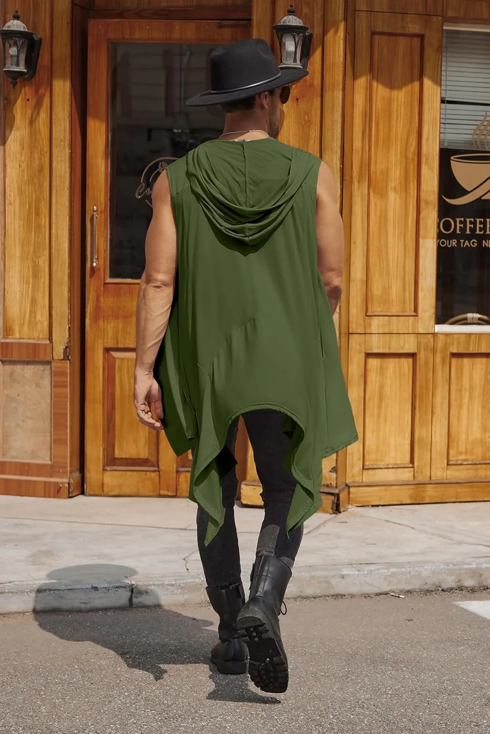 COOFANDY Men's Long Hooded Cardigan Sleeveless Ruffle Shawl Collar Lightweight Open Front Drape Kimono Vest