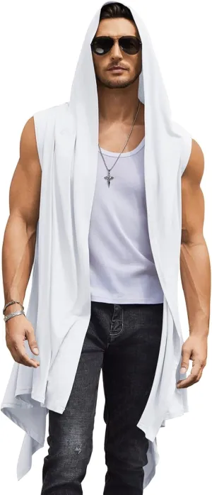COOFANDY Men's Long Hooded Cardigan Sleeveless Ruffle Shawl Collar Lightweight Open Front Drape Kimono Vest