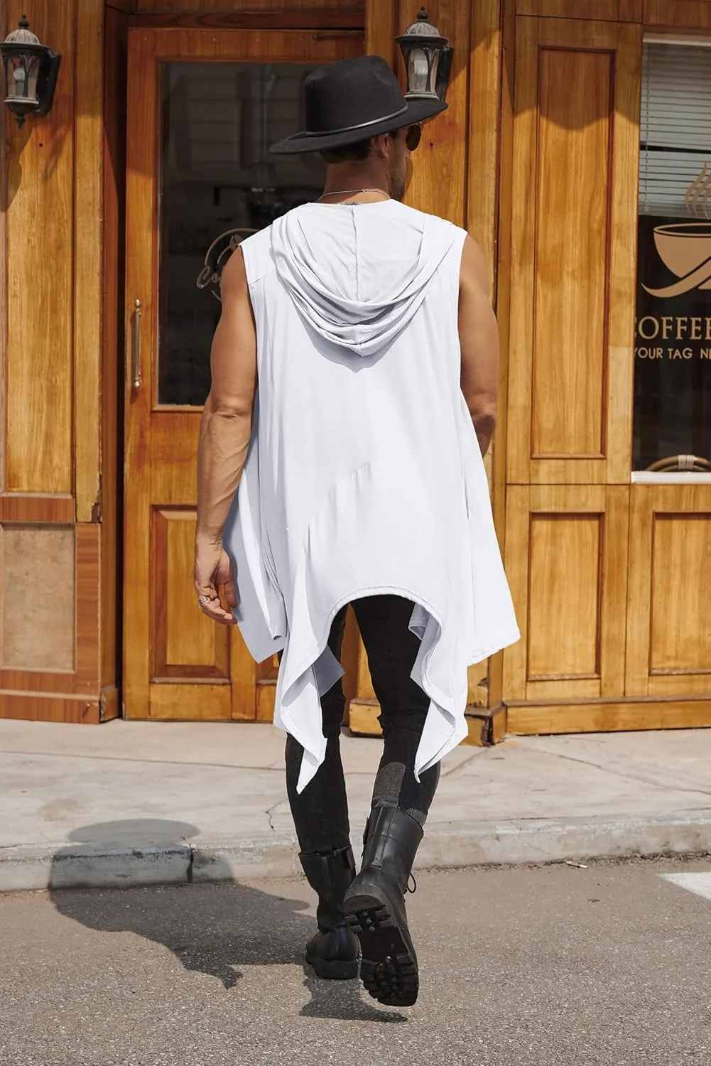 COOFANDY Men's Long Hooded Cardigan Sleeveless Ruffle Shawl Collar Lightweight Open Front Drape Kimono Vest