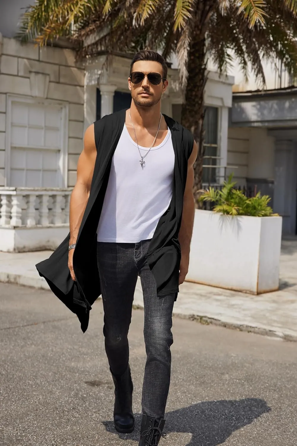 COOFANDY Men's Long Hooded Cardigan Sleeveless Ruffle Shawl Collar Lightweight Open Front Drape Kimono Vest