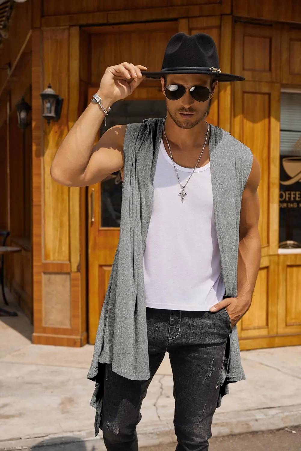 COOFANDY Men's Long Hooded Cardigan Sleeveless Ruffle Shawl Collar Lightweight Open Front Drape Kimono Vest