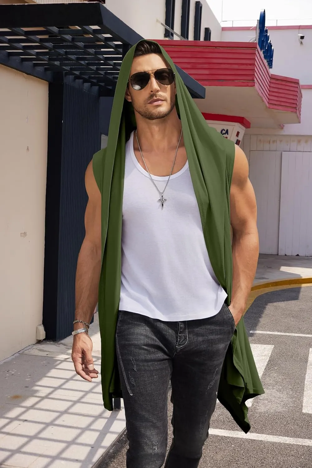 COOFANDY Men's Long Hooded Cardigan Sleeveless Ruffle Shawl Collar Lightweight Open Front Drape Kimono Vest