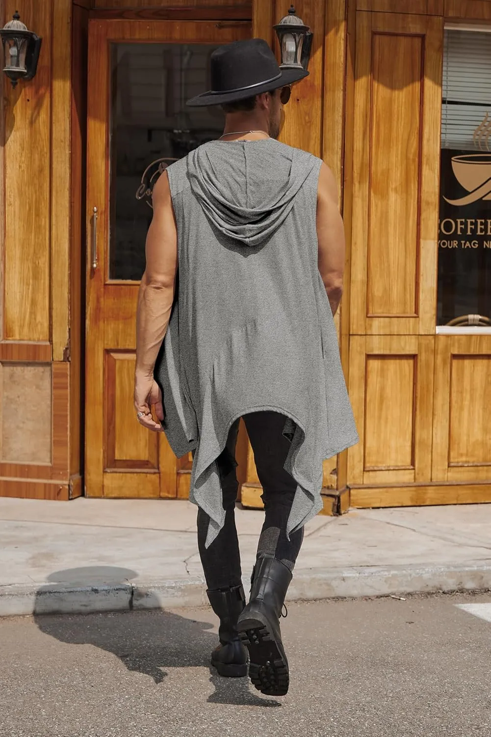 COOFANDY Men's Long Hooded Cardigan Sleeveless Ruffle Shawl Collar Lightweight Open Front Drape Kimono Vest