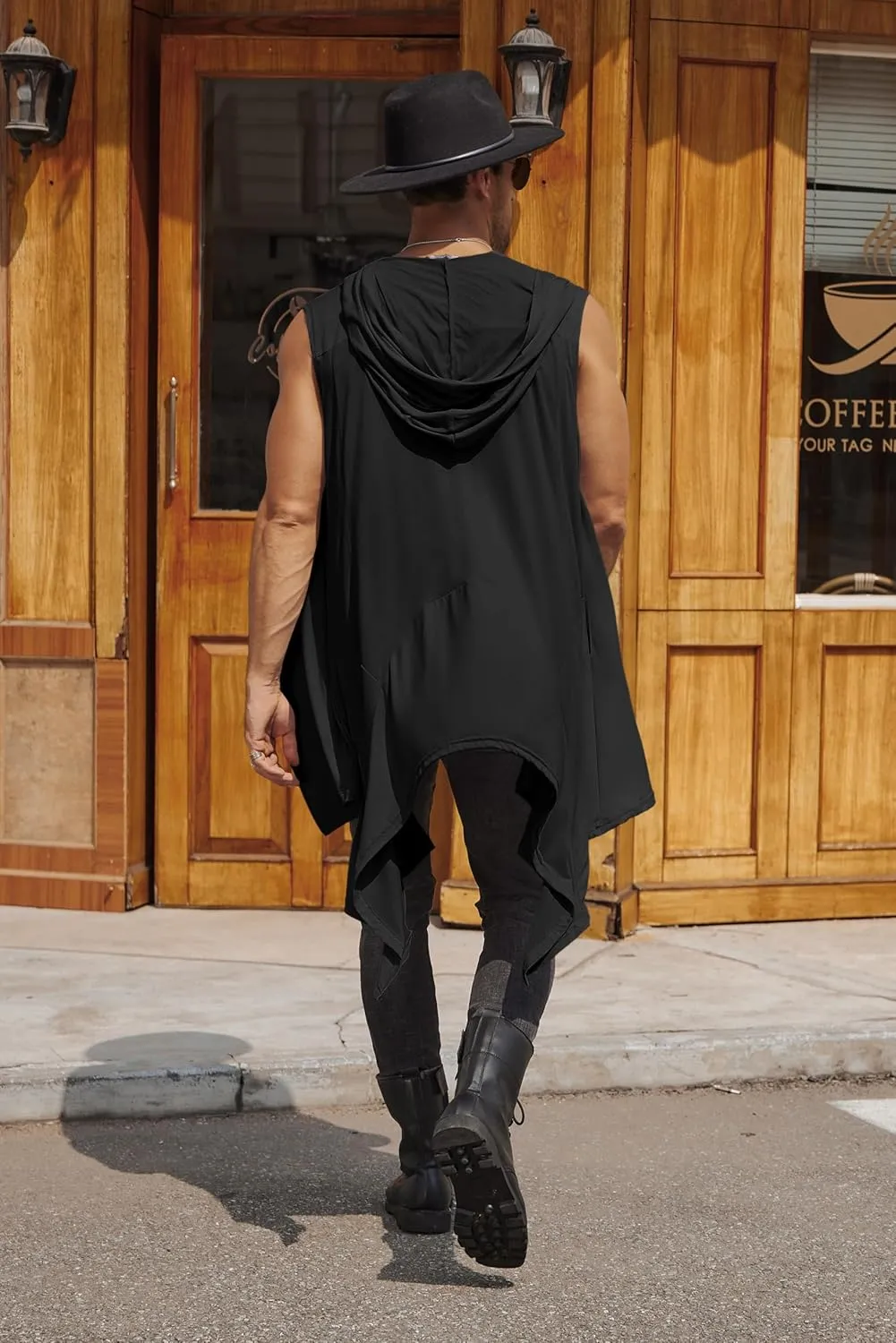 COOFANDY Men's Long Hooded Cardigan Sleeveless Ruffle Shawl Collar Lightweight Open Front Drape Kimono Vest