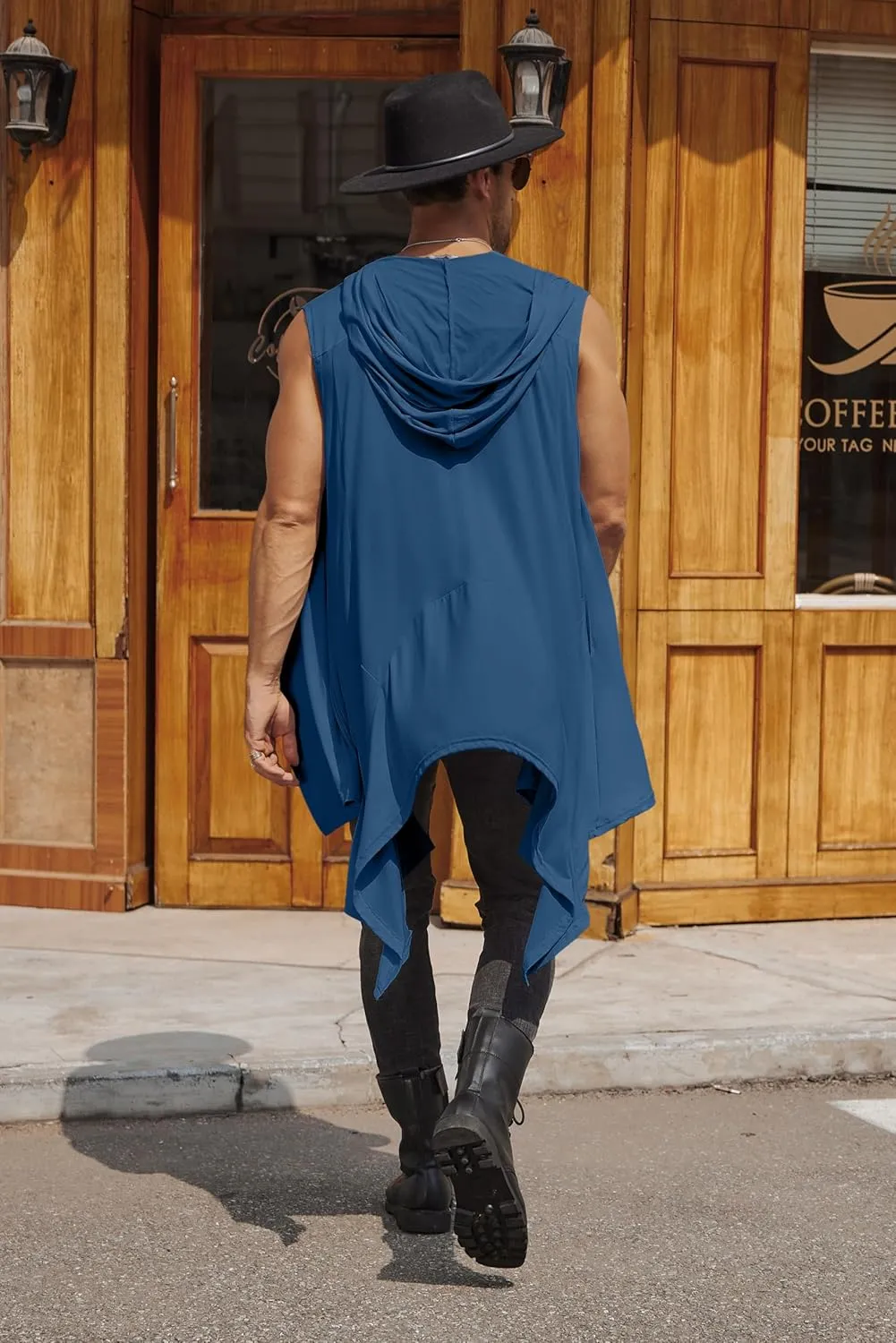 COOFANDY Men's Long Hooded Cardigan Sleeveless Ruffle Shawl Collar Lightweight Open Front Drape Kimono Vest
