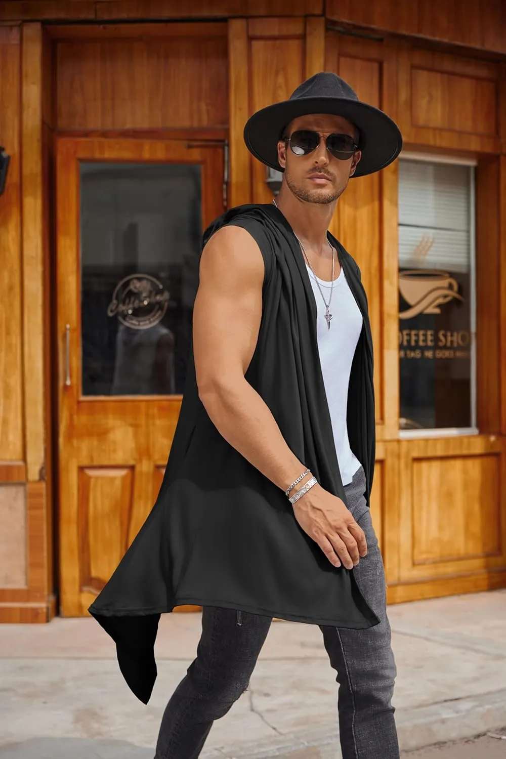 COOFANDY Men's Long Hooded Cardigan Sleeveless Ruffle Shawl Collar Lightweight Open Front Drape Kimono Vest