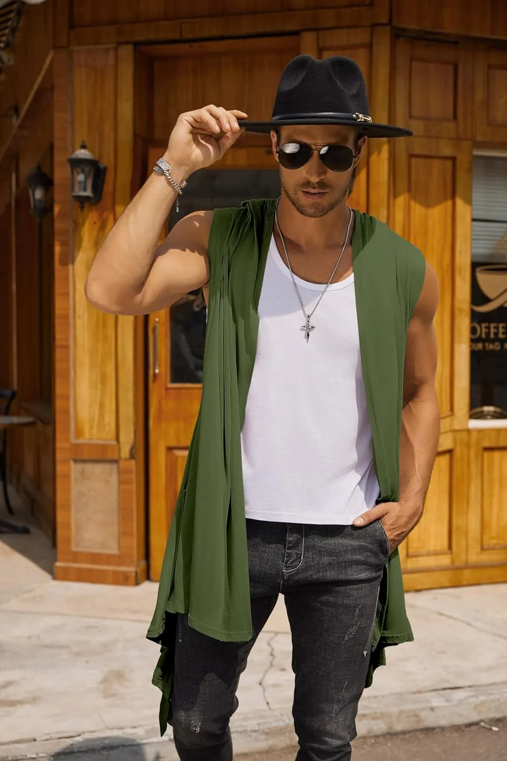 COOFANDY Men's Long Hooded Cardigan Sleeveless Ruffle Shawl Collar Lightweight Open Front Drape Kimono Vest