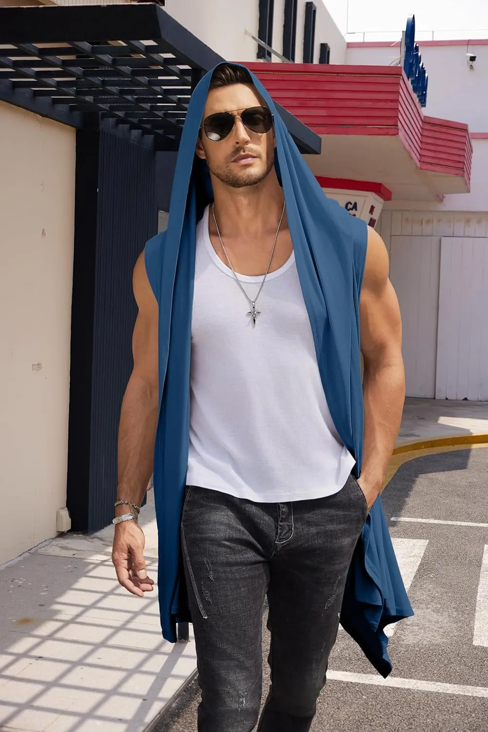 COOFANDY Men's Long Hooded Cardigan Sleeveless Ruffle Shawl Collar Lightweight Open Front Drape Kimono Vest
