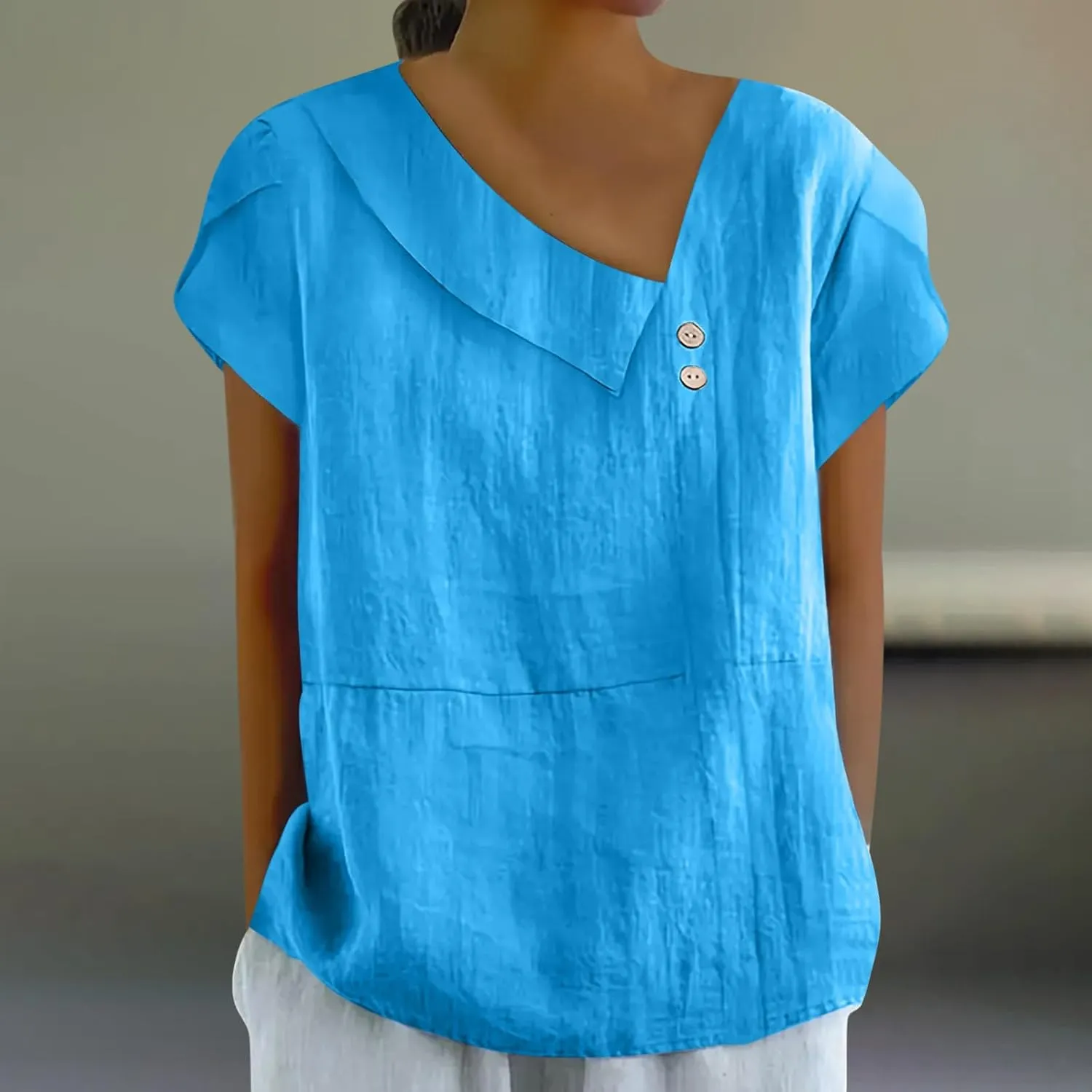 Cotton Linen Blouses for Women Summer Comfy Loose Fit Short Sleeve Tops Asymmetric V Neck Button Tees Dressy Casual T-Shirt