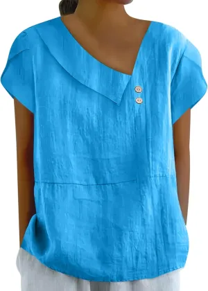 Cotton Linen Blouses for Women Summer Comfy Loose Fit Short Sleeve Tops Asymmetric V Neck Button Tees Dressy Casual T-Shirt