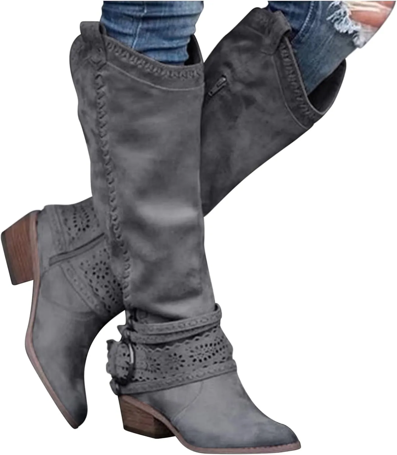 Cowboy Boots for Women Knee High Western Cowgirl Boots Pointed Toe Chunky Heels Embroidered Western with Buckle Boots