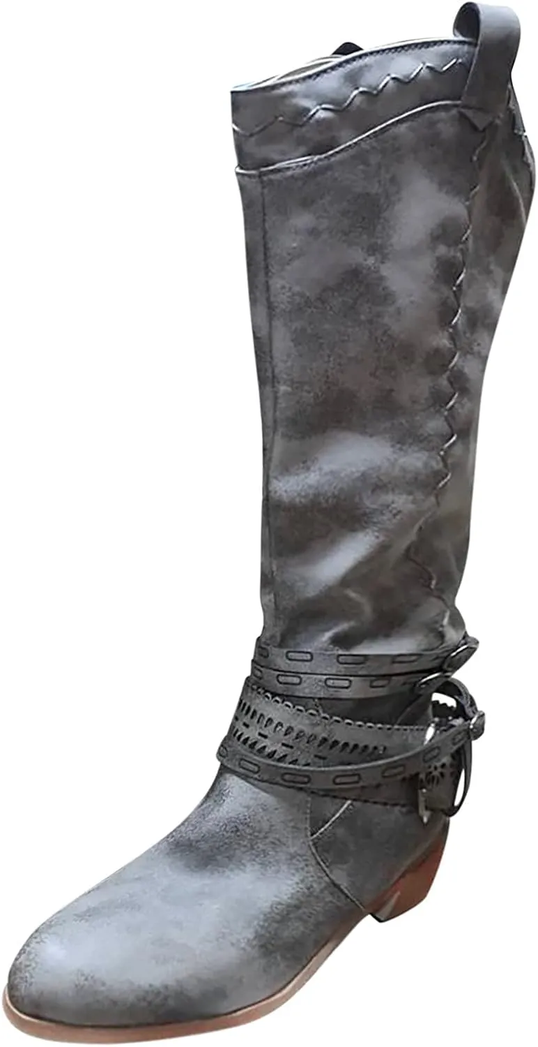 Cowboy Boots for Women Knee High Western Cowgirl Boots Pointed Toe Chunky Heels Embroidered Western with Buckle Boots