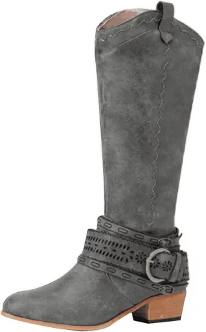 Cowboy Boots for Women Knee High Western Cowgirl Boots Pointed Toe Chunky Heels Embroidered Western with Buckle Boots