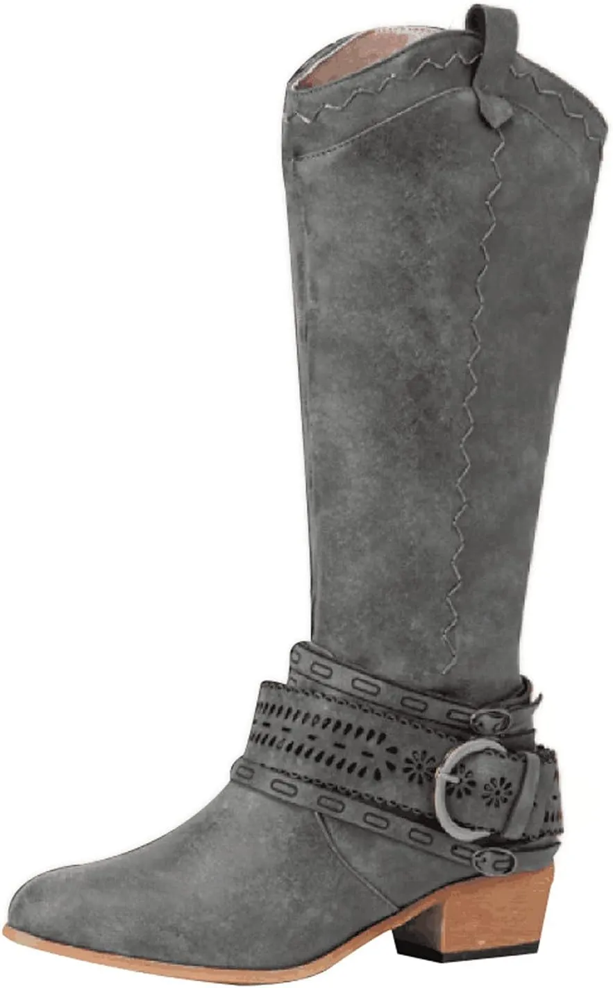 Cowboy Boots for Women Knee High Western Cowgirl Boots Pointed Toe Chunky Heels Embroidered Western with Buckle Boots