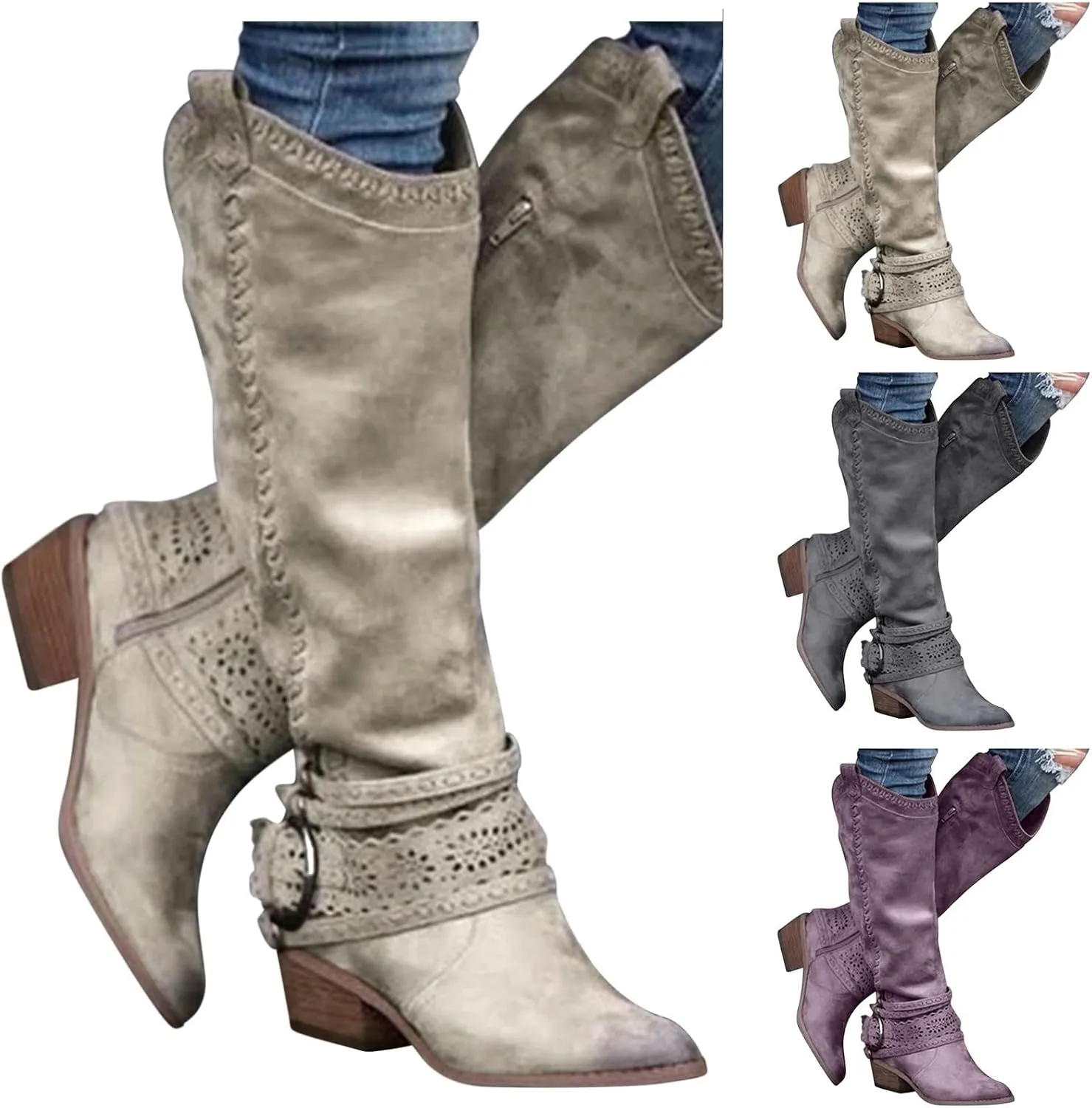 Cowboy Boots for Women Knee High Western Cowgirl Boots Pointed Toe Chunky Heels Embroidered Western with Buckle Boots