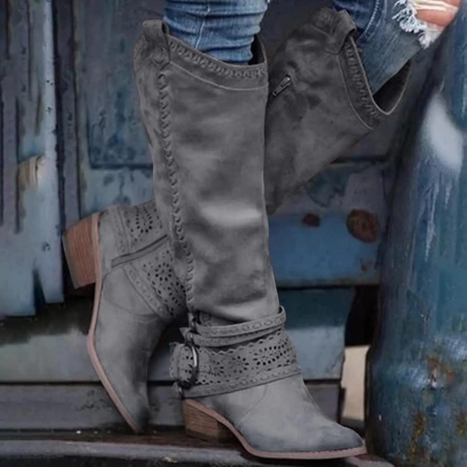 Cowboy Boots for Women Knee High Western Cowgirl Boots Pointed Toe Chunky Heels Embroidered Western with Buckle Boots