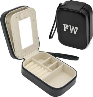 Cuifdem-Jewelry Travel Case with Hand Strap and Monogram, Small Jewelry Box PU Leather with Mirror, Girls Jewelry Box for Women, Jewelry Storage Organizer Travel Must (mysterious black, FW)