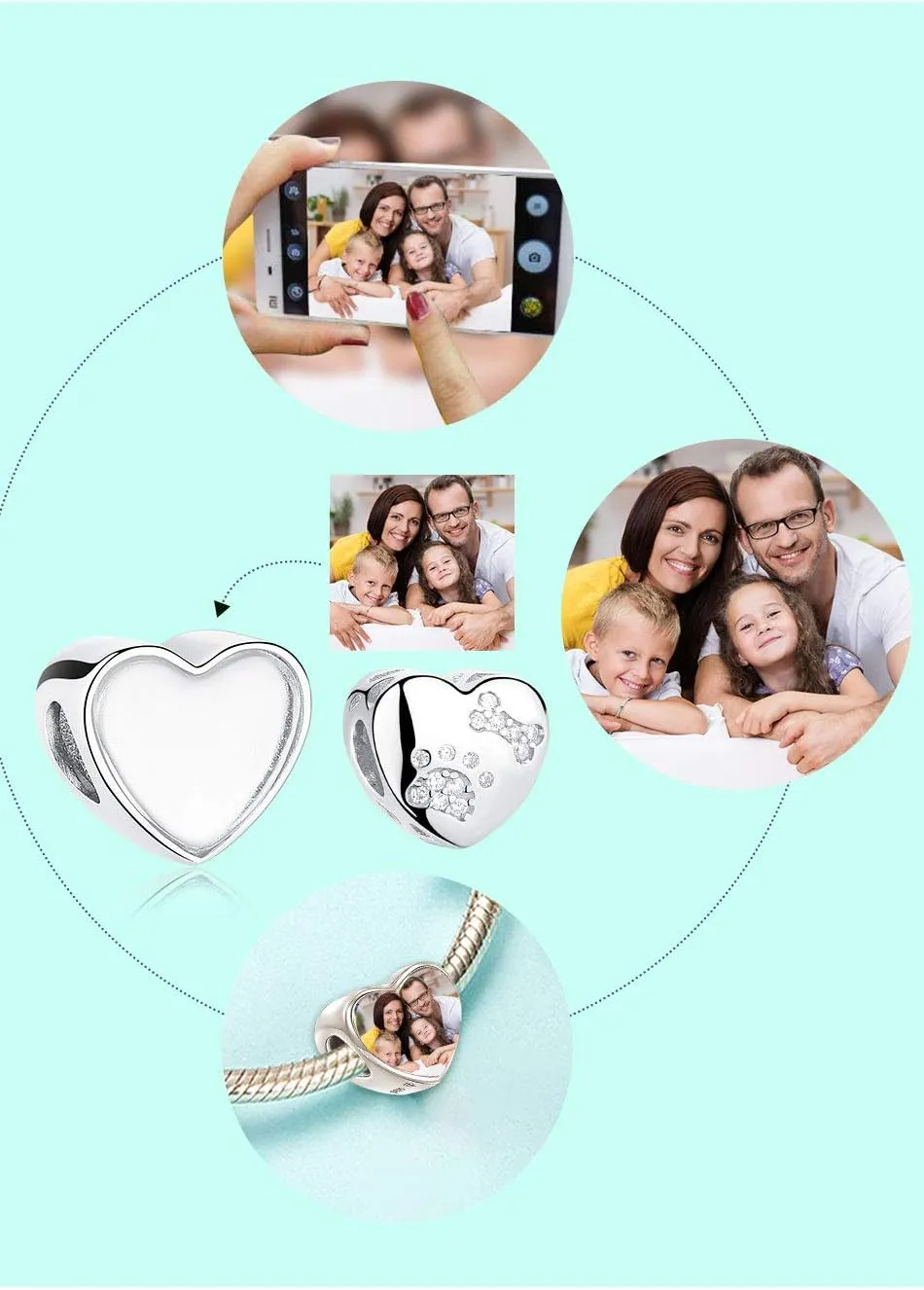 Custom Photo Charm Bead 925 Sterling SilverPersonalized Heart Picture with Loved Dear Charms Beads Fit Women Bracelet Necklace As Mother Daughter Present(Style 1)