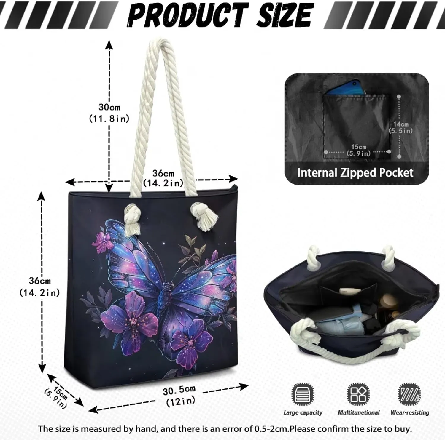 Custom Tote Bag for Women Zipper Cloth Cotton Bags for Travel Casual Satchel Totes