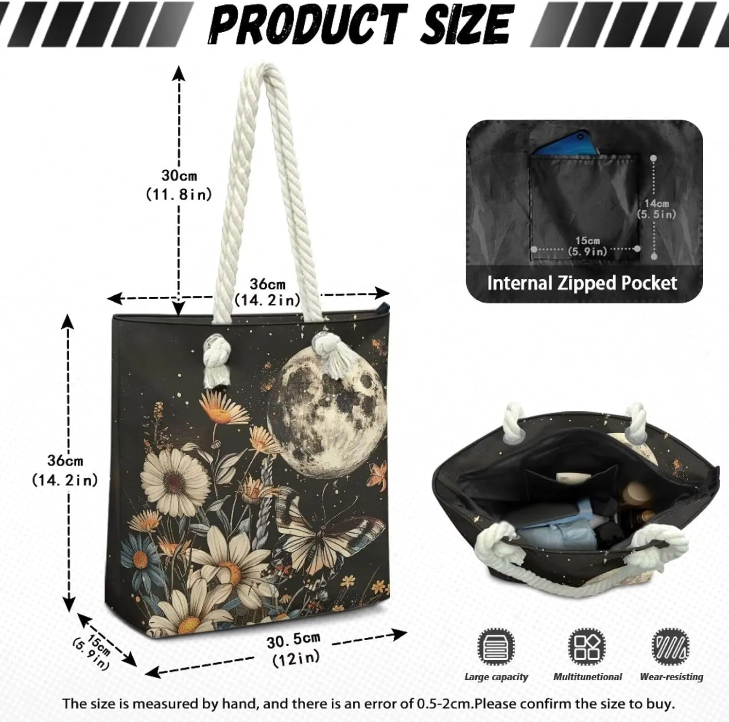 Custom Tote Bag for Women Zipper Cloth Cotton Bags for Travel Casual Satchel Totes