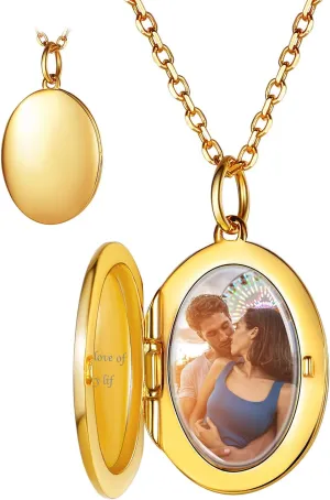 Custom4U Round/Oval Silver Locket Necklace That Holds Picture,Personalized Photo Medallion Pendant Gold 18k Plated 925 Sterling Silver   Chain 16"/18"/22",Memory Gifts for Mother Mom Women