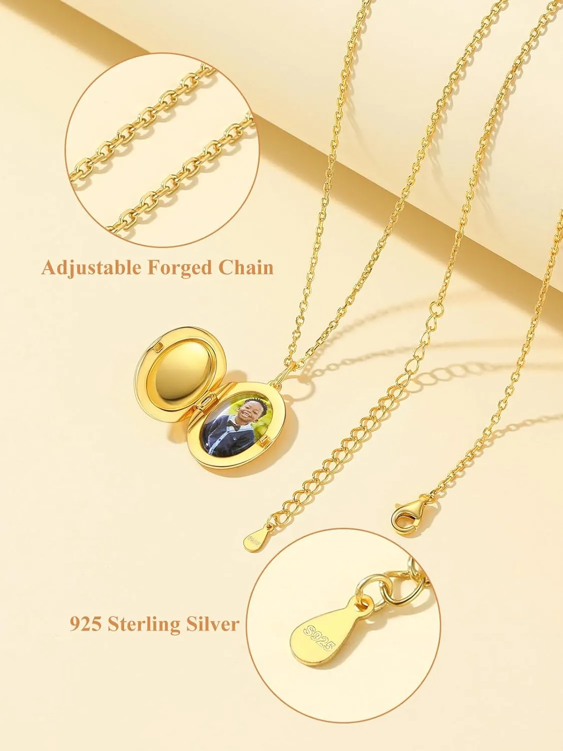 Custom4U Round/Oval Silver Locket Necklace That Holds Picture,Personalized Photo Medallion Pendant Gold 18k Plated 925 Sterling Silver   Chain 16"/18"/22",Memory Gifts for Mother Mom Women
