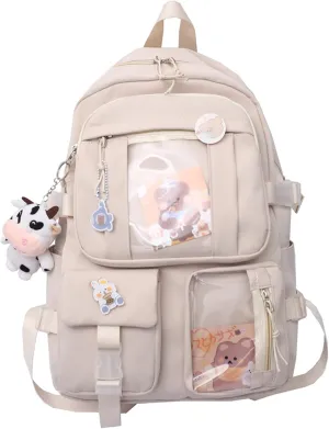 Cute Backpack with Cute Pin Accessories Plush Pendant for School Bag Student Girl Backpack Super-Capacity Waterproof Travel Backpack(Beige)