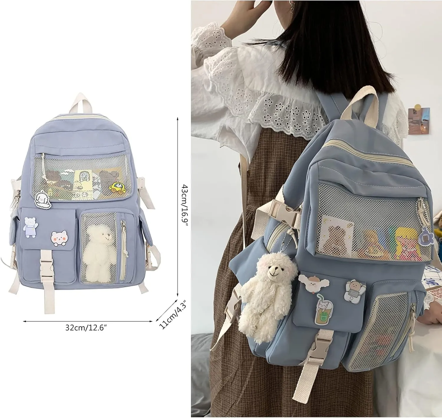 Cute Backpack with Cute Pin Accessories Plush Pendant for School Bag Student Girl Backpack Super-Capacity Waterproof Travel Backpack(Black)