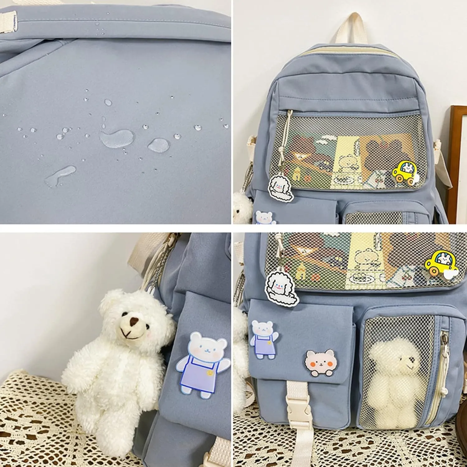 Cute Backpack with Cute Pin Accessories Plush Pendant for School Bag Student Girl Backpack Super-Capacity Waterproof Travel Backpack(Black)