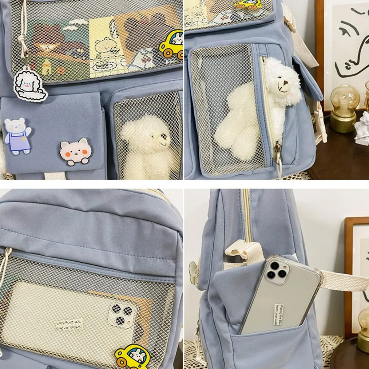 Cute Backpack with Cute Pin Accessories Plush Pendant for School Bag Student Girl Backpack Super-Capacity Waterproof Travel Backpack(Black)