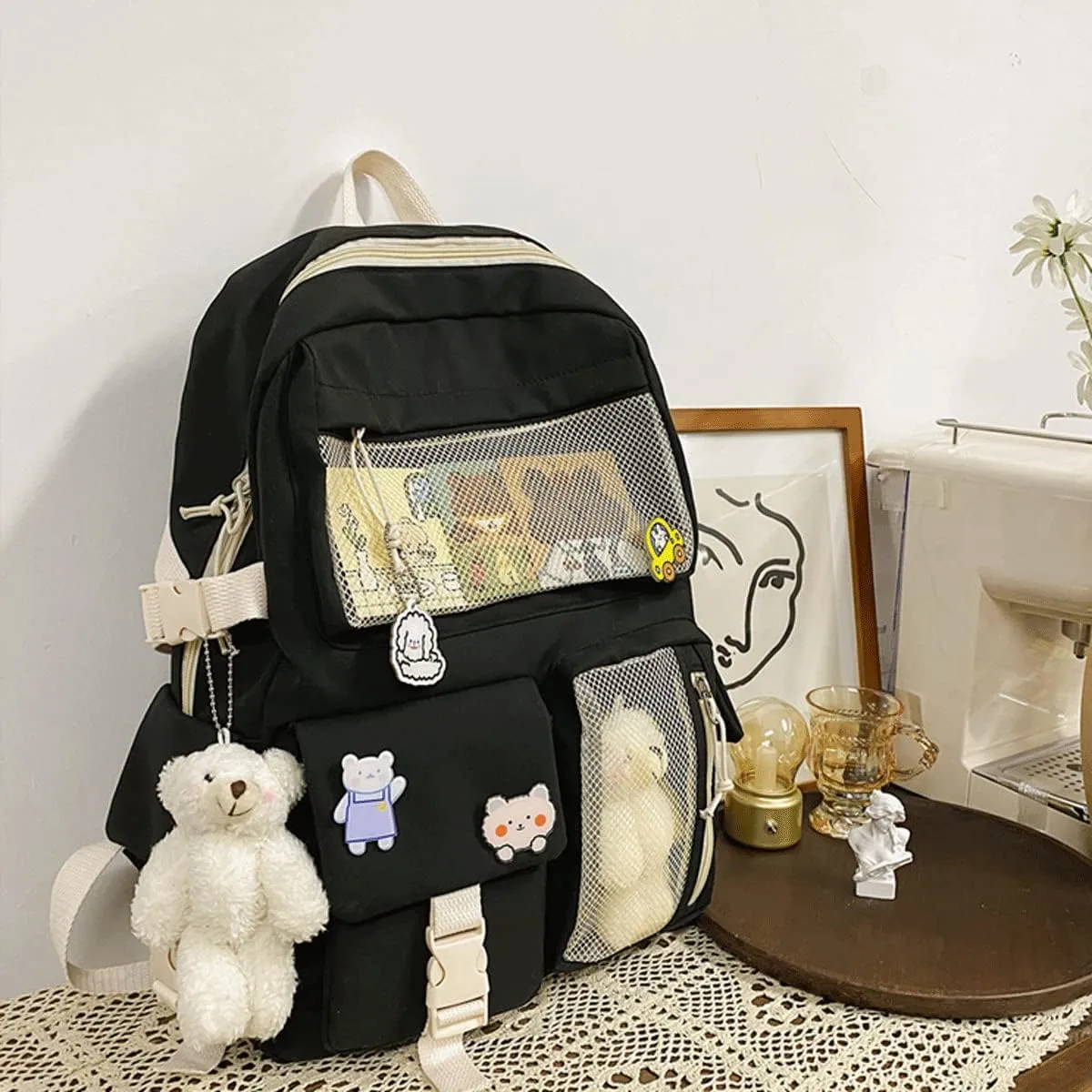 Cute Backpack with Cute Pin Accessories Plush Pendant for School Bag Student Girl Backpack Super-Capacity Waterproof Travel Backpack(Black)