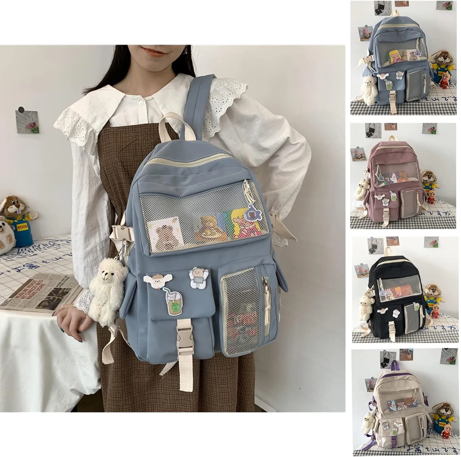 Cute Backpack with Cute Pin Accessories Plush Pendant for School Bag Student Girl Backpack Super-Capacity Waterproof Travel Backpack(Black)
