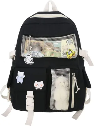 Cute Backpack with Cute Pin Accessories Plush Pendant for School Bag Student Girl Backpack Super-Capacity Waterproof Travel Backpack(Black)