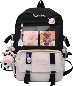 Cute Backpack with Cute Pin Accessories Plush Pendant Lovely Pastel Rucksack for School Bag Student Teen Girls Aesthetic Student Bookbags Super-Capacity Waterproof Travel Backpack(Black-4)