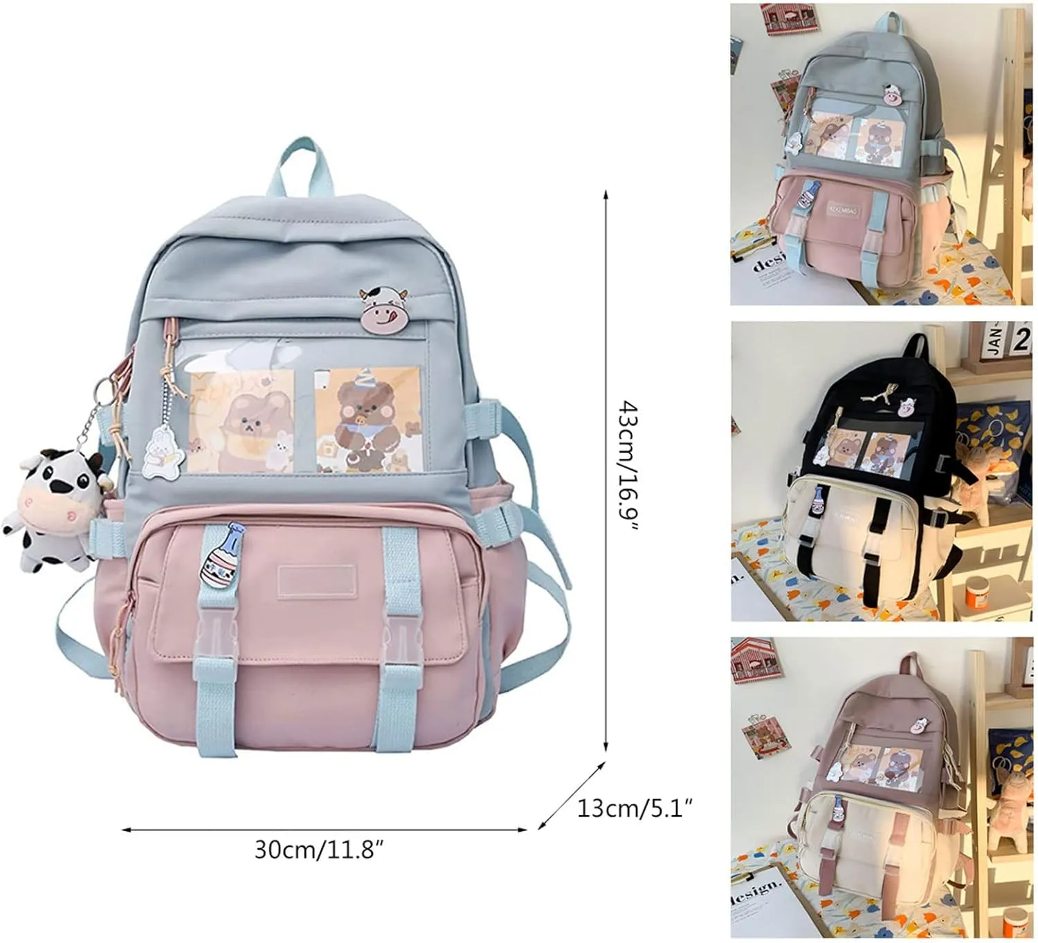 Cute Backpack with Cute Pin Accessories Plush Pendant Lovely Pastel Rucksack for School Bag Student Teen Girls Aesthetic Student Bookbags Super-Capacity Waterproof Travel Backpack(Black-4)