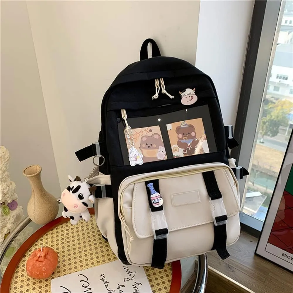 Cute Backpack with Cute Pin Accessories Plush Pendant Lovely Pastel Rucksack for School Bag Student Teen Girls Aesthetic Student Bookbags Super-Capacity Waterproof Travel Backpack(Black-4)