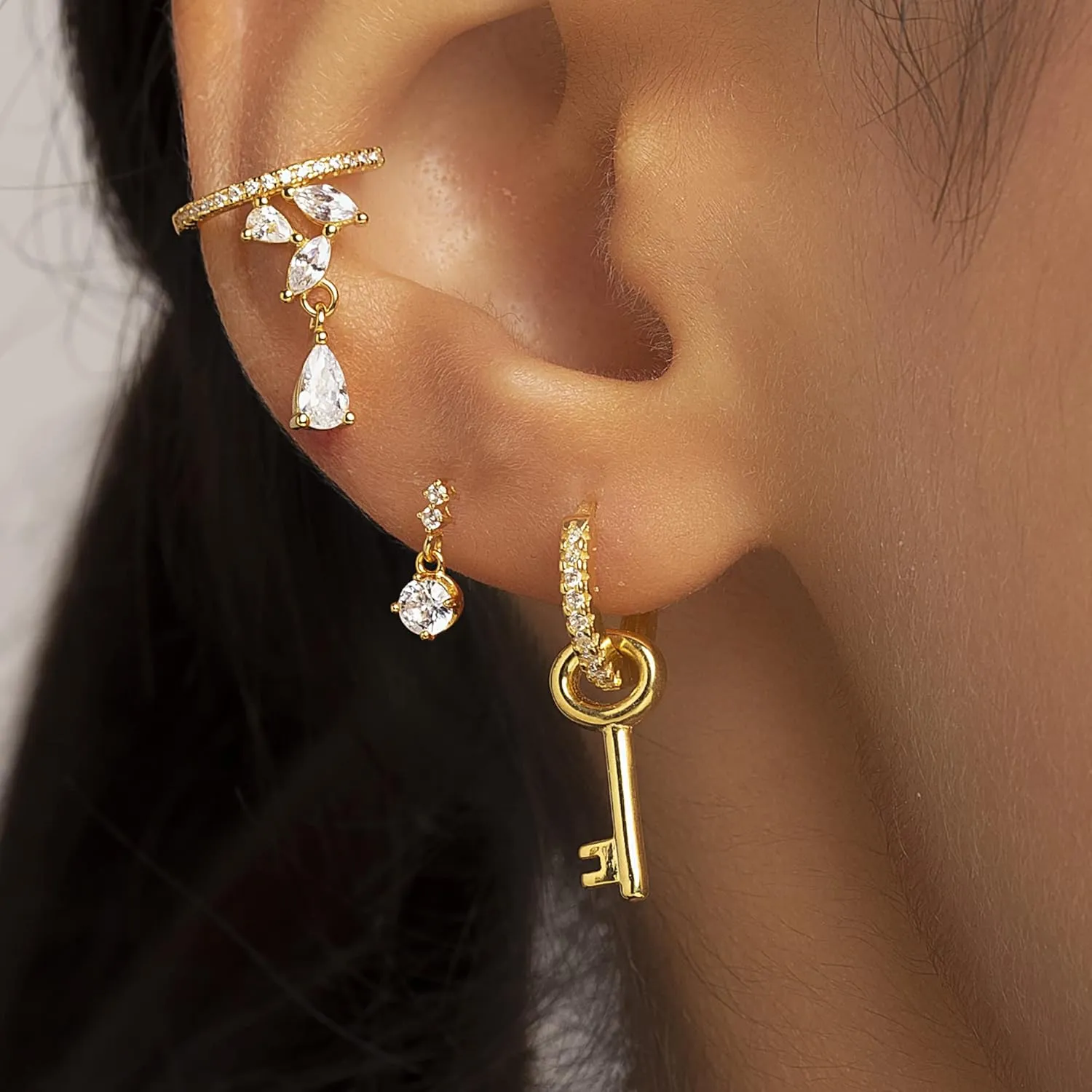 Dainty Cz Hoop Earrings with Key shaped Dangling Pendants for Women - 925 Sterling Silver 18k Gold Plated