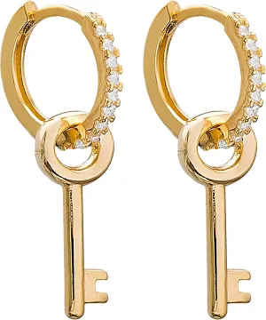 Dainty Cz Hoop Earrings with Key shaped Dangling Pendants for Women - 925 Sterling Silver 18k Gold Plated