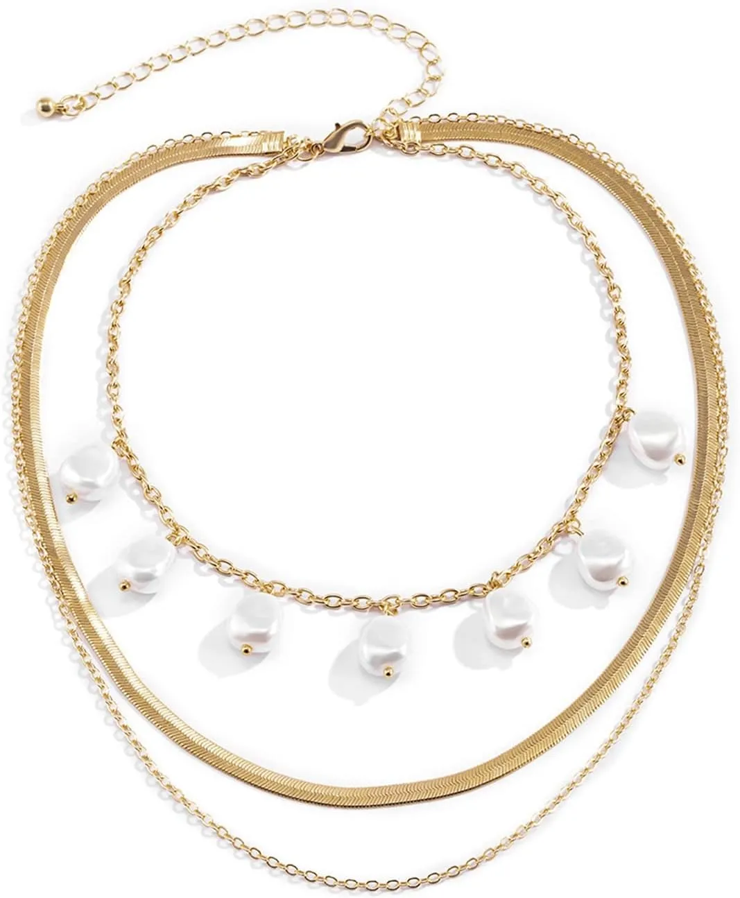 Dainty Layered Necklace, Dainty Layering Necklaces for Women Snake Chain Pearl Pendant Chain Necklaces Women Jewelry, 3 Layers