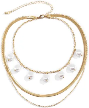 Dainty Layered Necklace, Dainty Layering Necklaces for Women Snake Chain Pearl Pendant Chain Necklaces Women Jewelry, 3 Layers