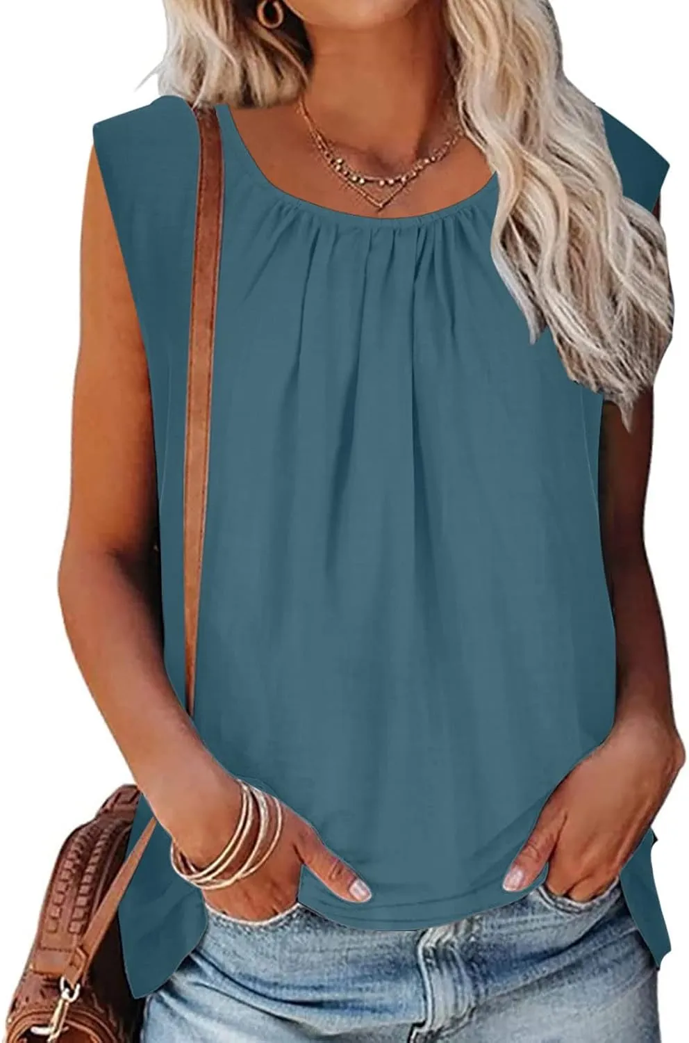 DASAYO Women's Sleeveless Linen Tank Tops Solid Color Crewneck Loose Tshirt Tanks Flowy Retro Gauze Going Out Shirt Blouse