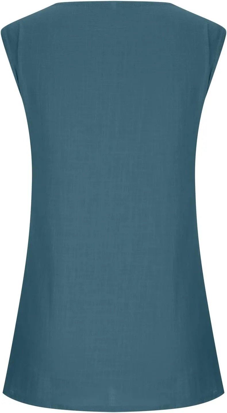 DASAYO Women's Sleeveless Linen Tank Tops Solid Color Crewneck Loose Tshirt Tanks Flowy Retro Gauze Going Out Shirt Blouse